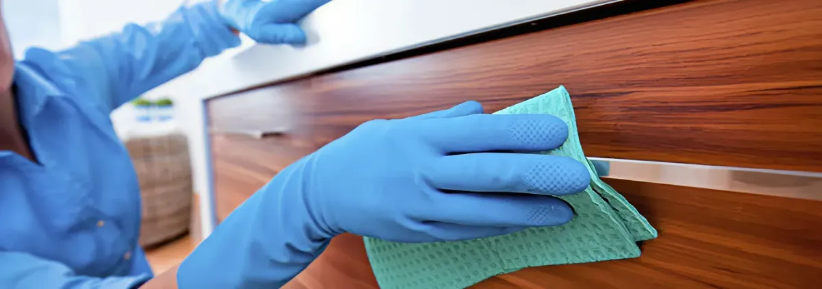 Cleaner wearing blue gloves wiping a wooden cabinet drawer with a microfiber cloth for dust and grime removal, Richmond, VA.