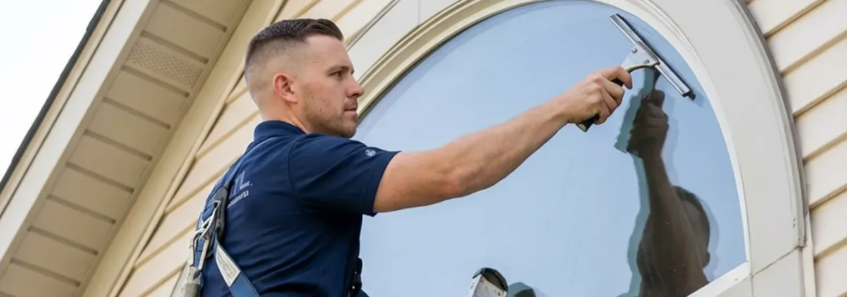 Professional window cleaner using a squeegee to clean an exterior arched window on a home, Richmond, VA.