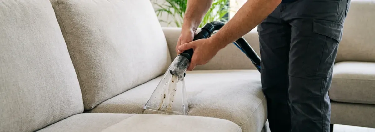 Technician extracting dirt and moisture from a fabric sofa with an upholstery cleaning wand, Richmond, VA.